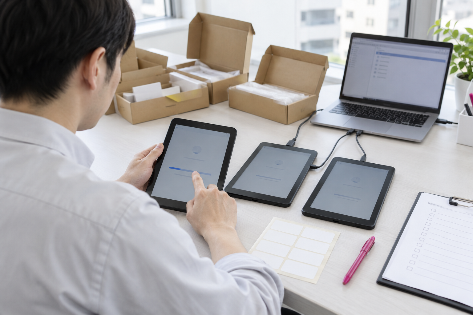 複数のタブレットを設定するキッティング作業のAI生成イメージ